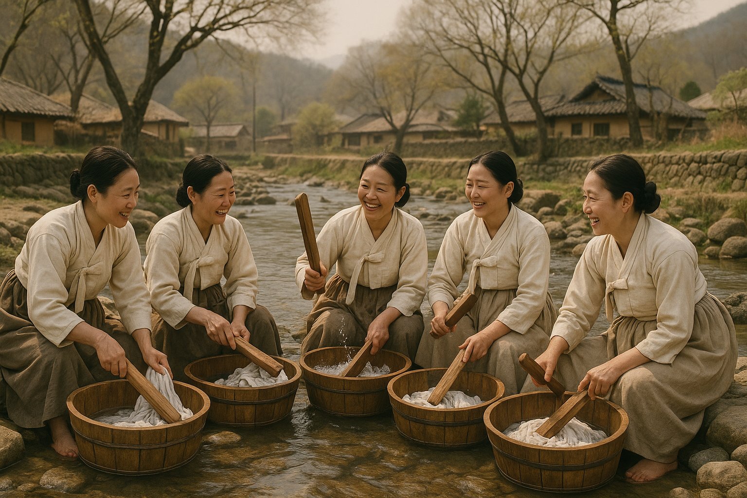 마을 냇가 빨래터에서 여러 여인이 함지박을 두고 빨래방망이로 옷을 두드리며 이야기 나누는 모습