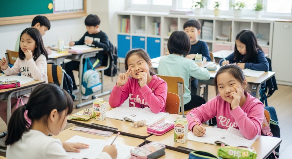 간식 먹으며 숙제하는 초등학생