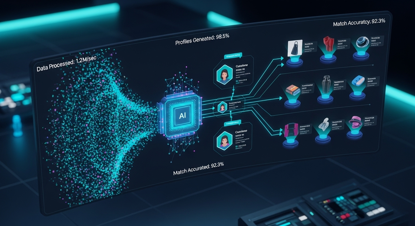 AI 알고리즘이 고객 데이터를 분석하여 개인별 맞춤 상품을 매칭하는 과정을 시각화한 미래형 마케팅 대시보드