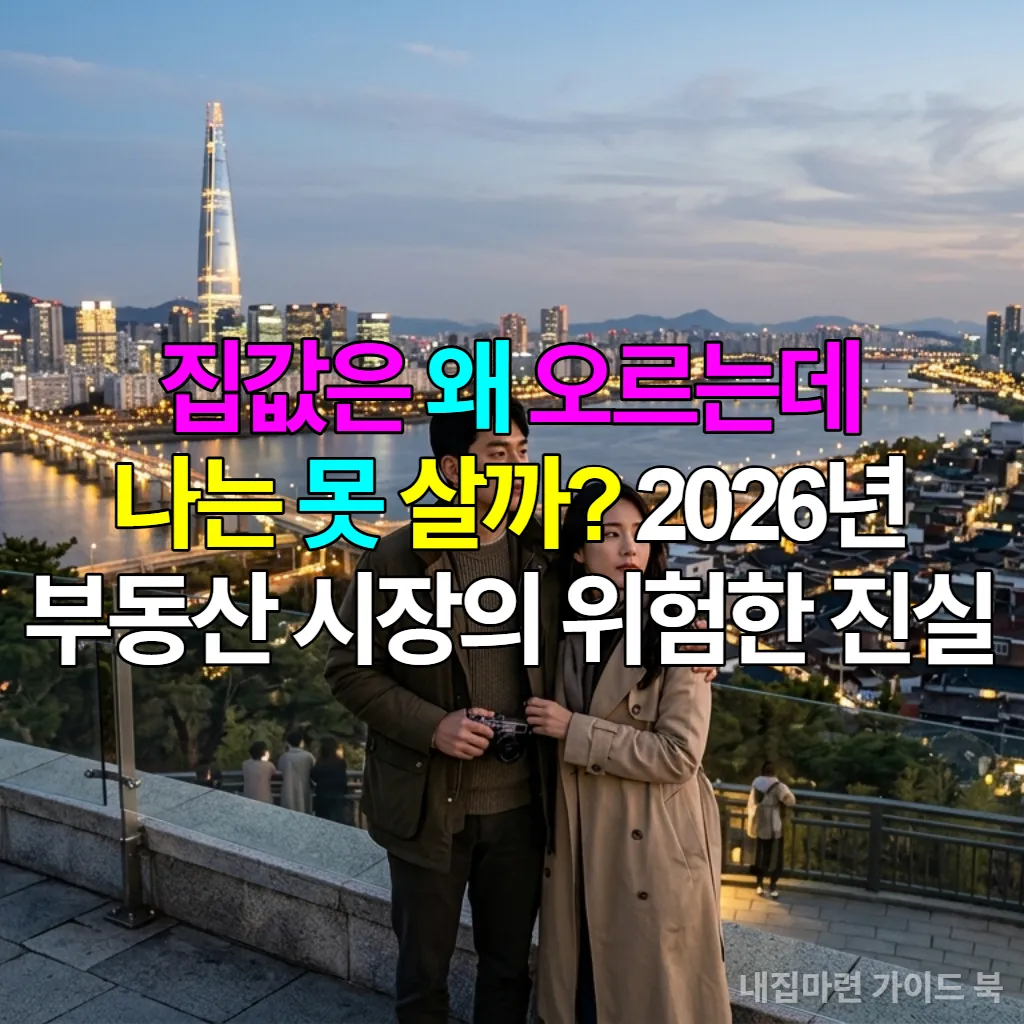 2026년 한국 부동산 시장의 양극화를 상징하는 도시 전경과 고민하는 젊은 부부
