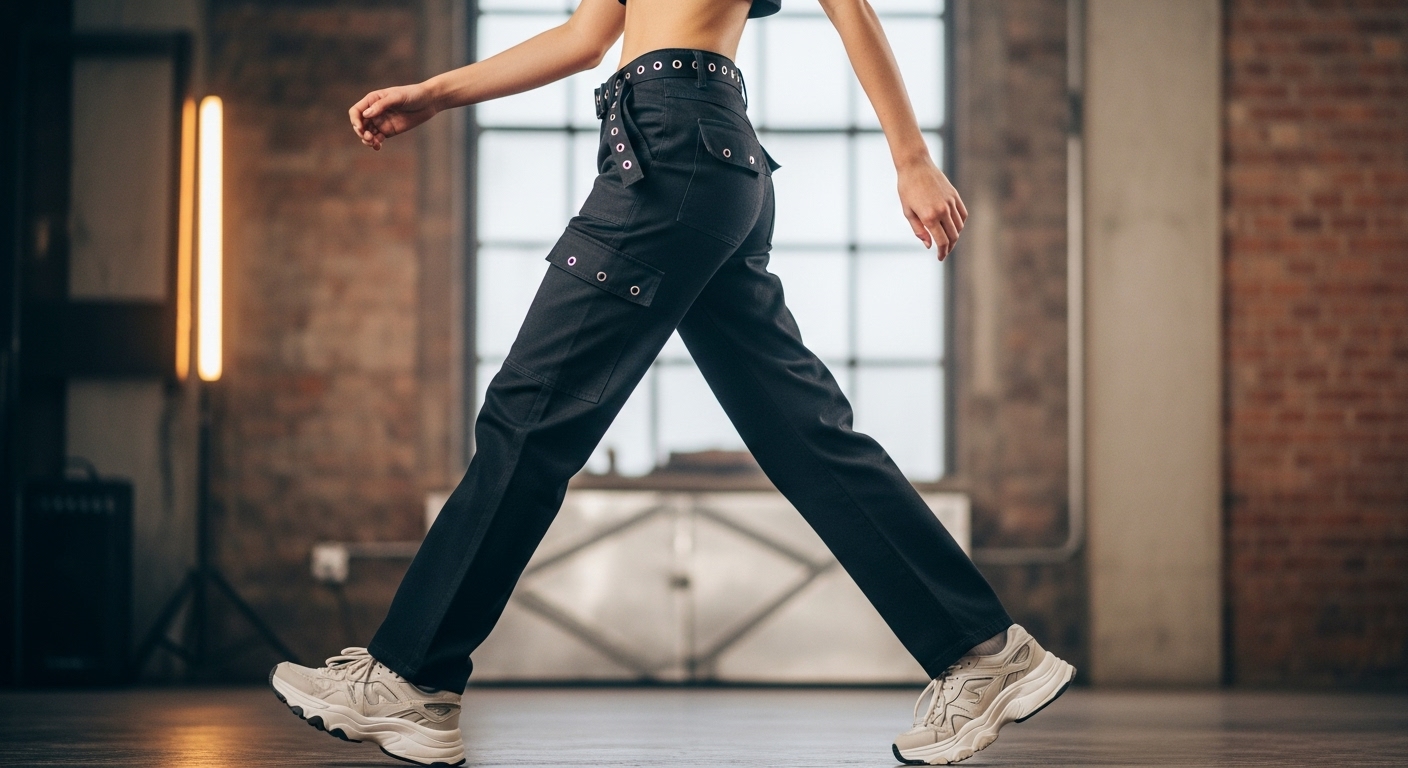 로웨어 아이렛 벨트 포켓 팬츠를 입은 여성 모델이 크롭 상의와 스니커즈를 매치하여 힙하고 개성 있는 스트릿룩을 연출한 모습.