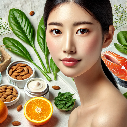 건강한 피부를 위한 자연 식품과 함께 있는 여성의 모습.