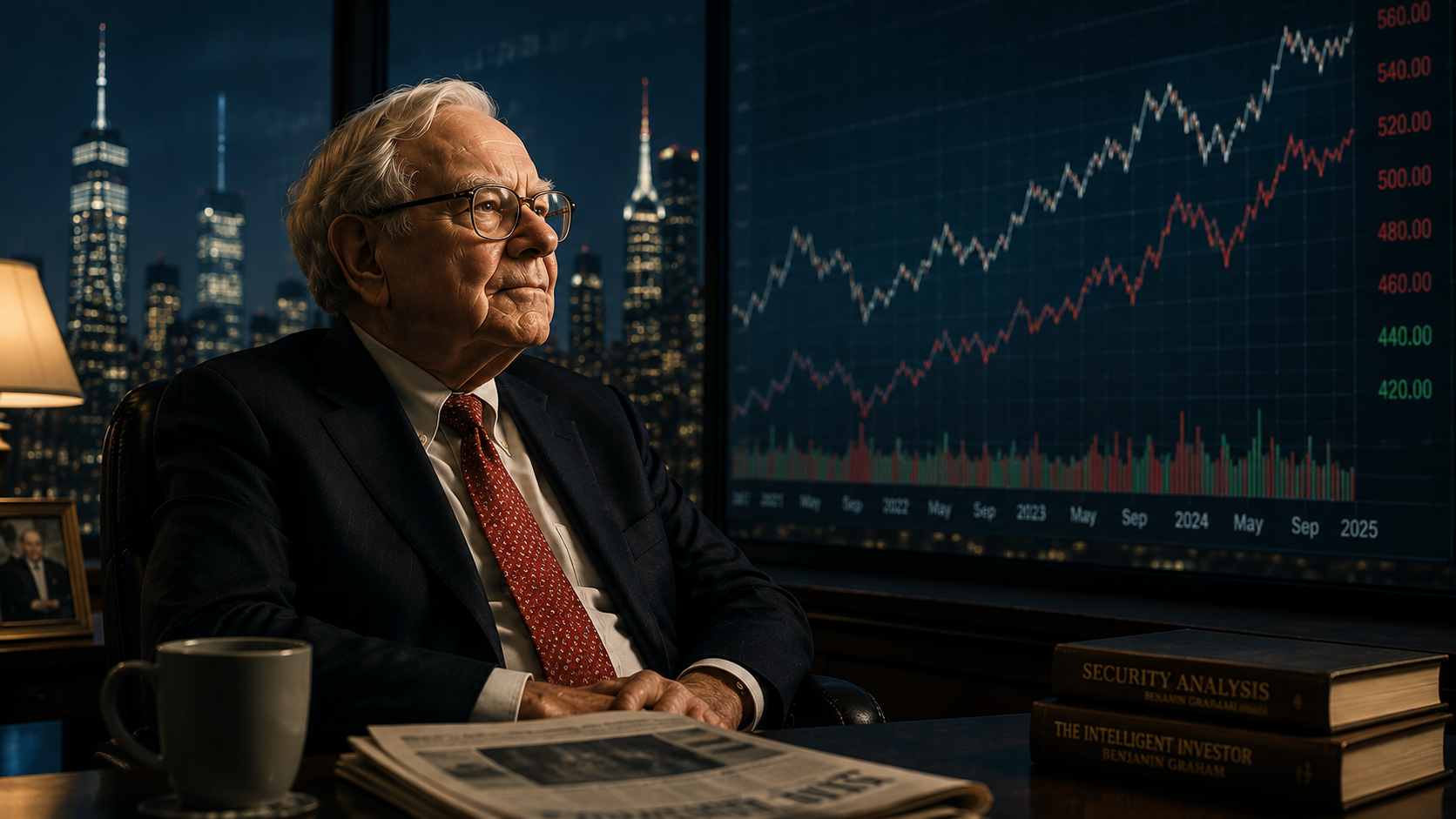 Legendary investor reflecting on long-term value while stock charts move in the background