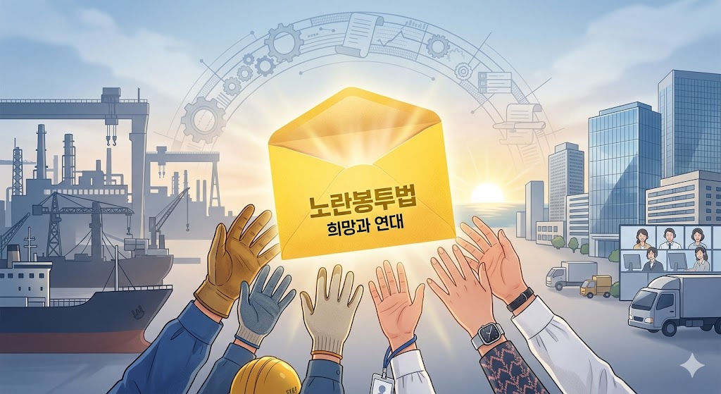 노란봉투법 시행을 상징하는 밝은 노란색 봉투와 그 주위로 희망적으로 손을 뻗는 다양한 하청 노동자들의 모습