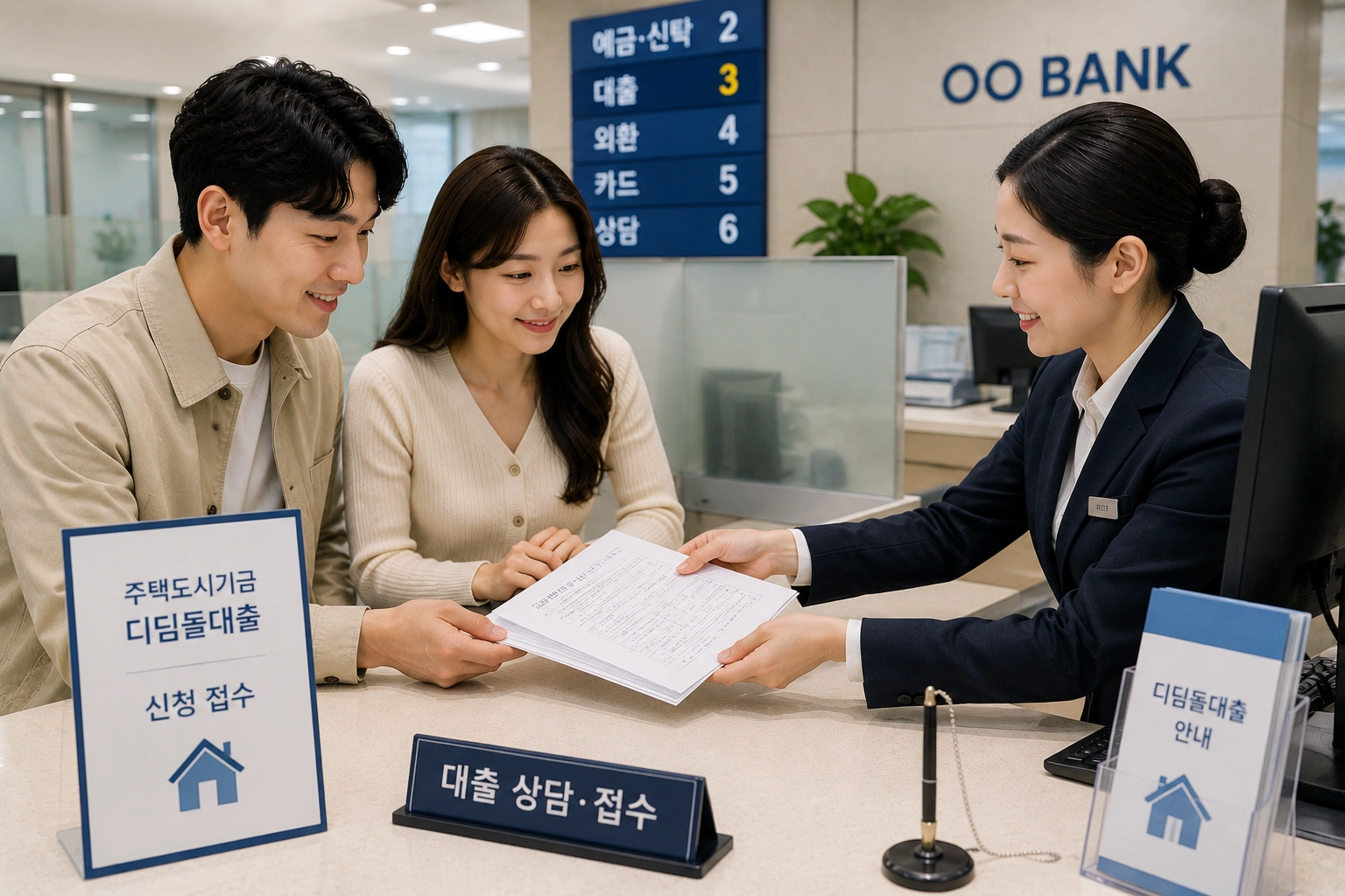 디딤돌대출 신청을 위해 취급은행을 방문해 상담원에게 서류를 제출하는 한국인 신혼부부의 모습