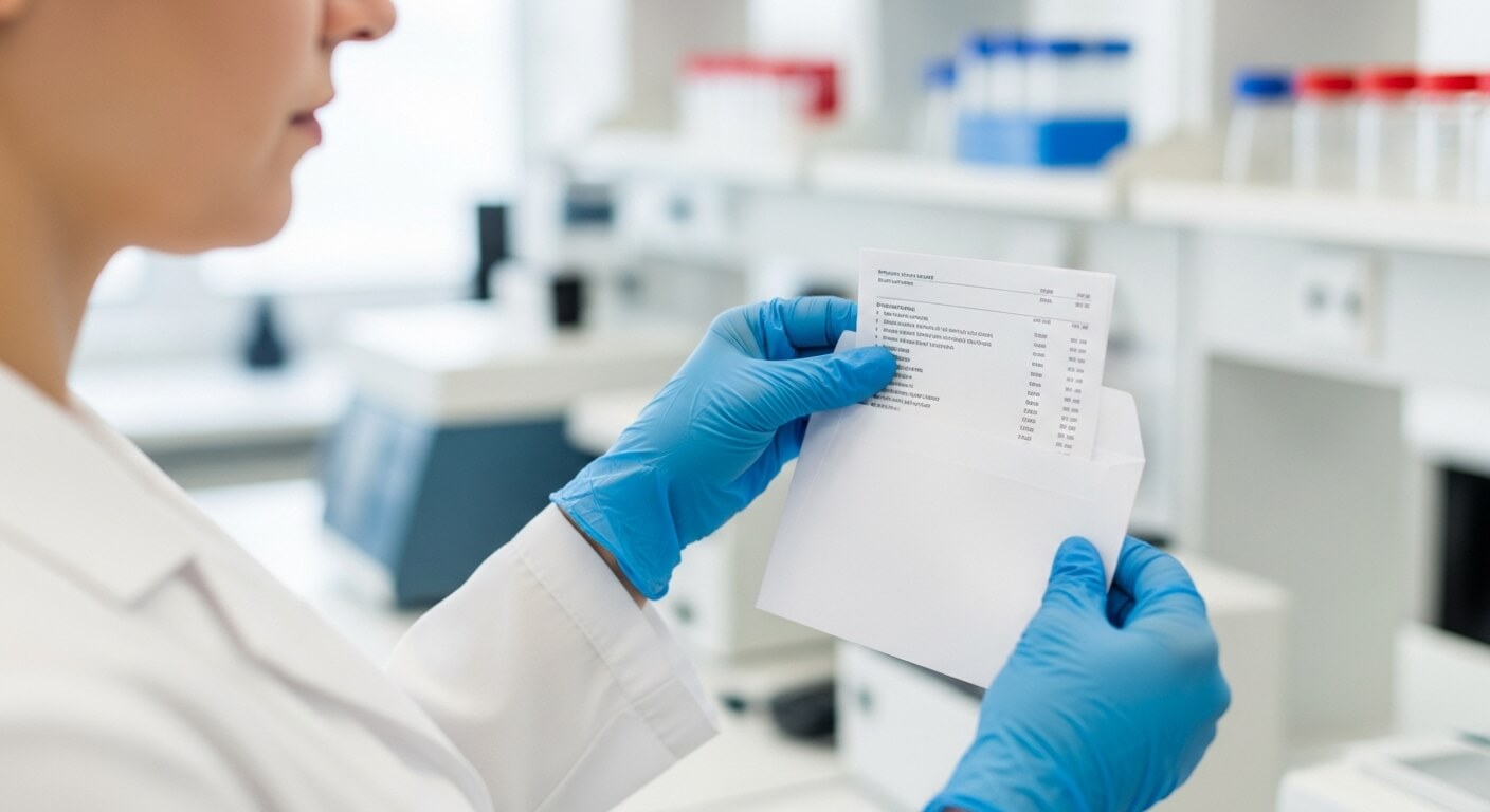 실험실에서 건강검진 결과 서류를 봉투에 넣는 장면