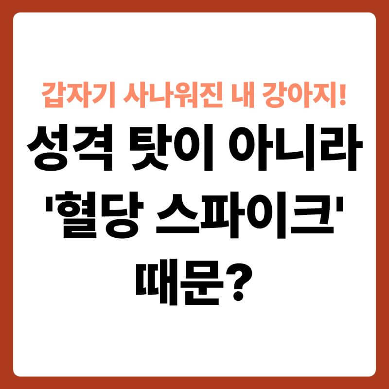 물그릇 앞에 서서 물을 마시려다 말고 날카롭고 예민한 눈빛으로 뒤를 돌아보는 강아지의 모습. 강아지의 배경 뒤로 위아래로 심하게 요동치는 붉은색과 파란색의 혈당 그래프 선이 시각 효과로 겹쳐져 호르몬 변화로 인한 심리적 불안정을 표현한 이미지