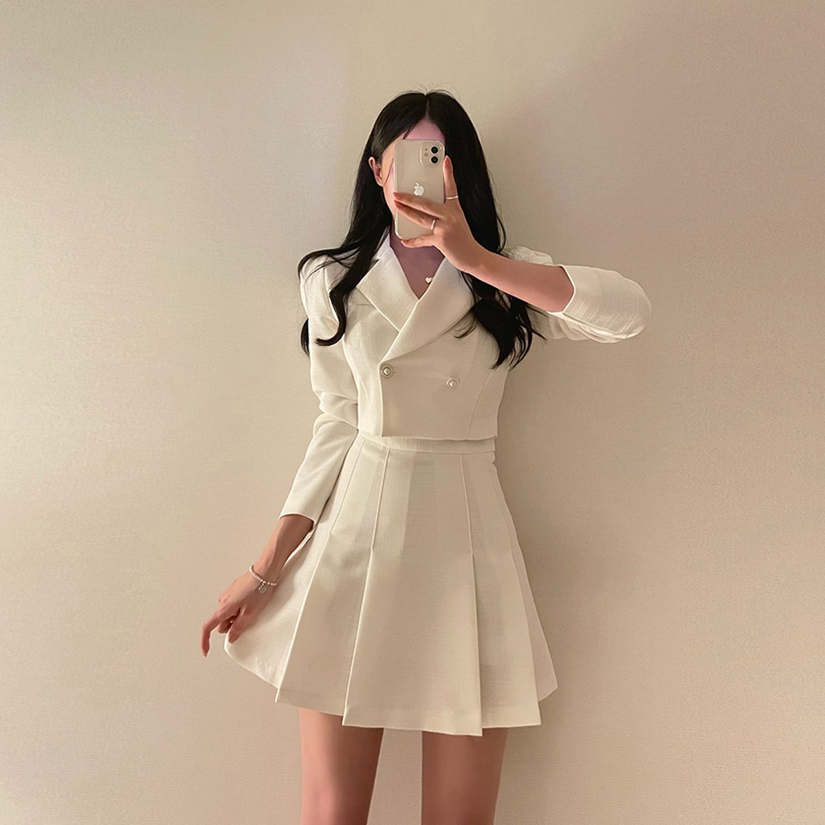 메트 카라 진주 버튼 크롭 자켓 플리츠 스커트 트위드 투피스 세트