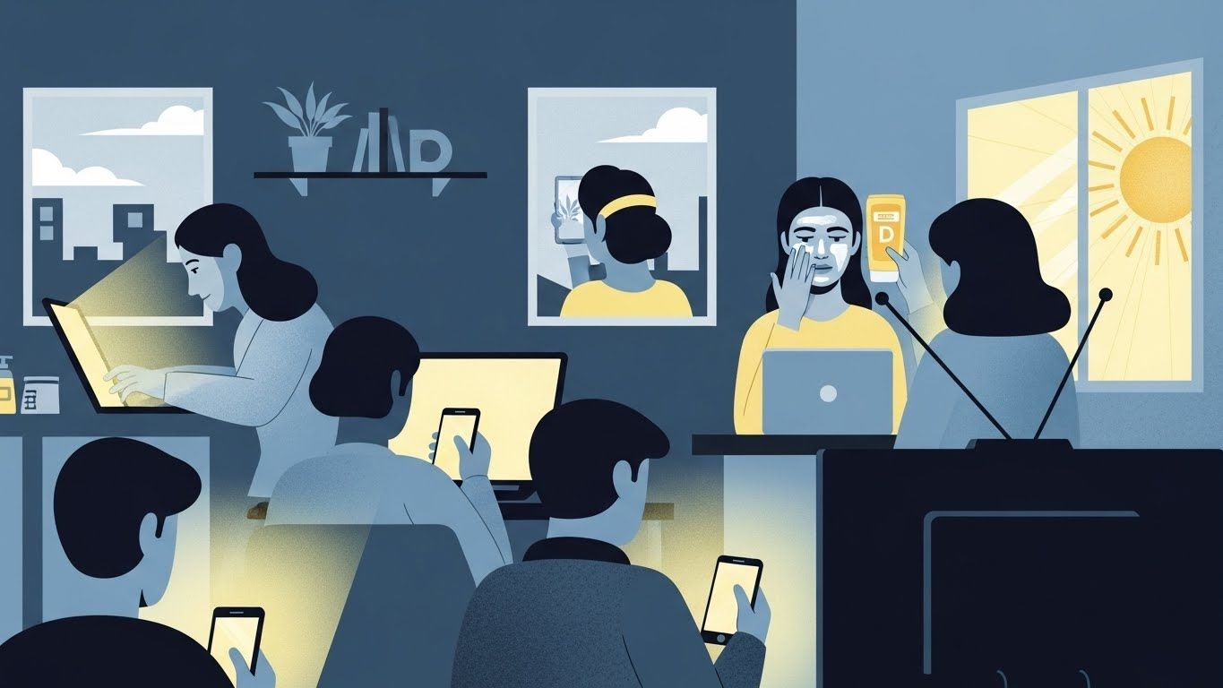 비타민 D 결핍을 유발하는 현대인의 생활 방식을 추상적으로 묘사한 일러스트입니다.