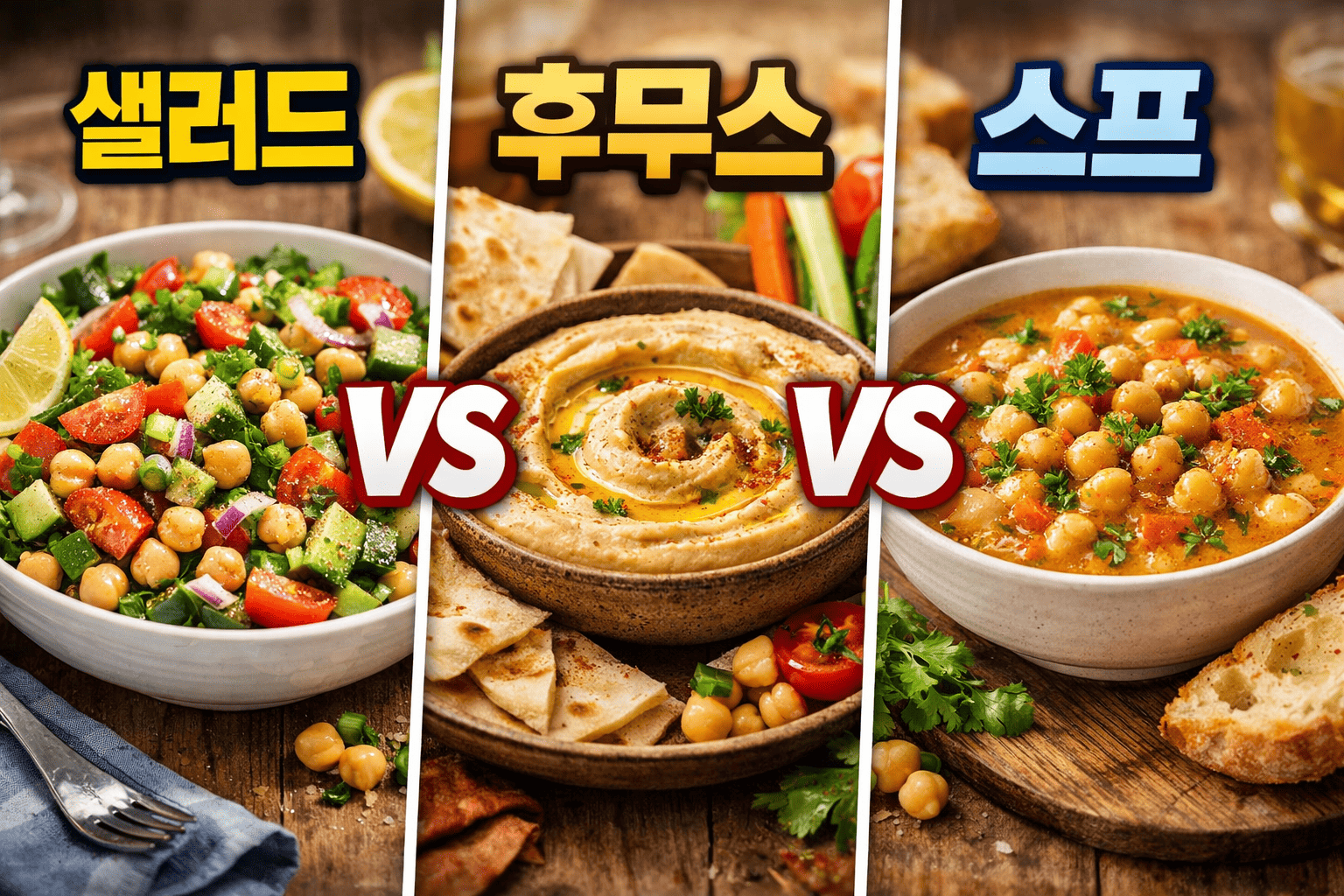 병아리콩 요리 비교 (샐러드, 후무스, 스프)