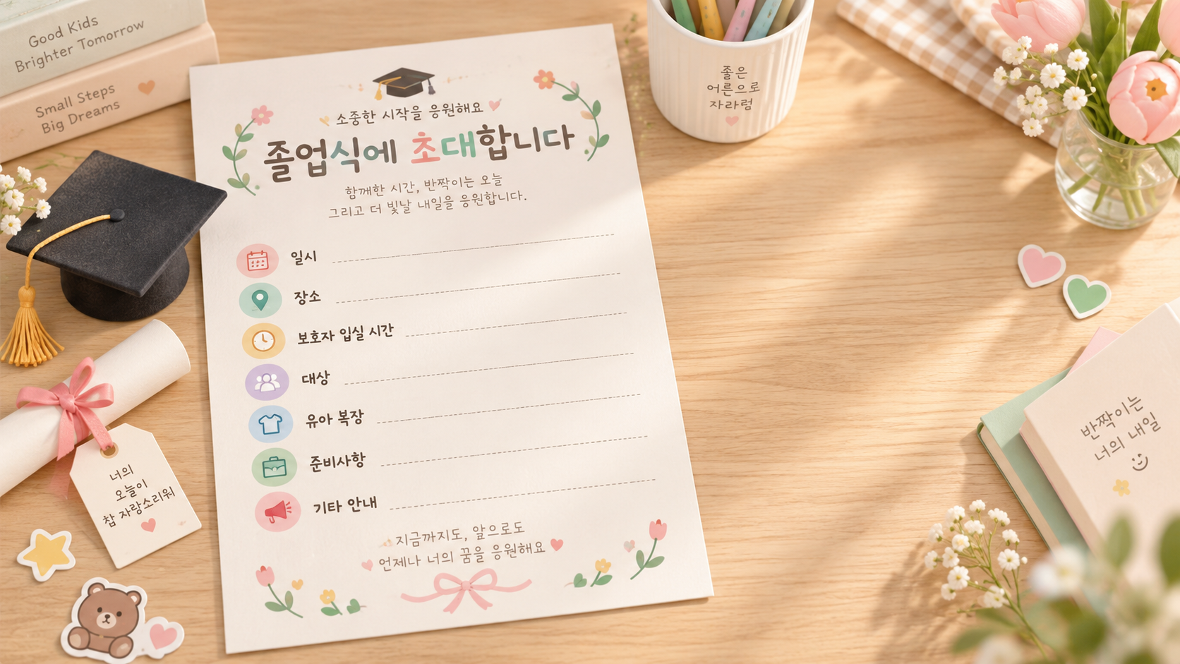 유치원 졸업식 초대장 플랫레이