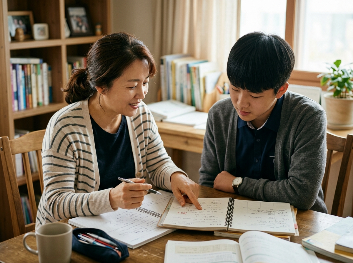 학부모와 고등학생 자녀가 함께 수학 학습 전략과 오답 관리 계획을 세우는 모습