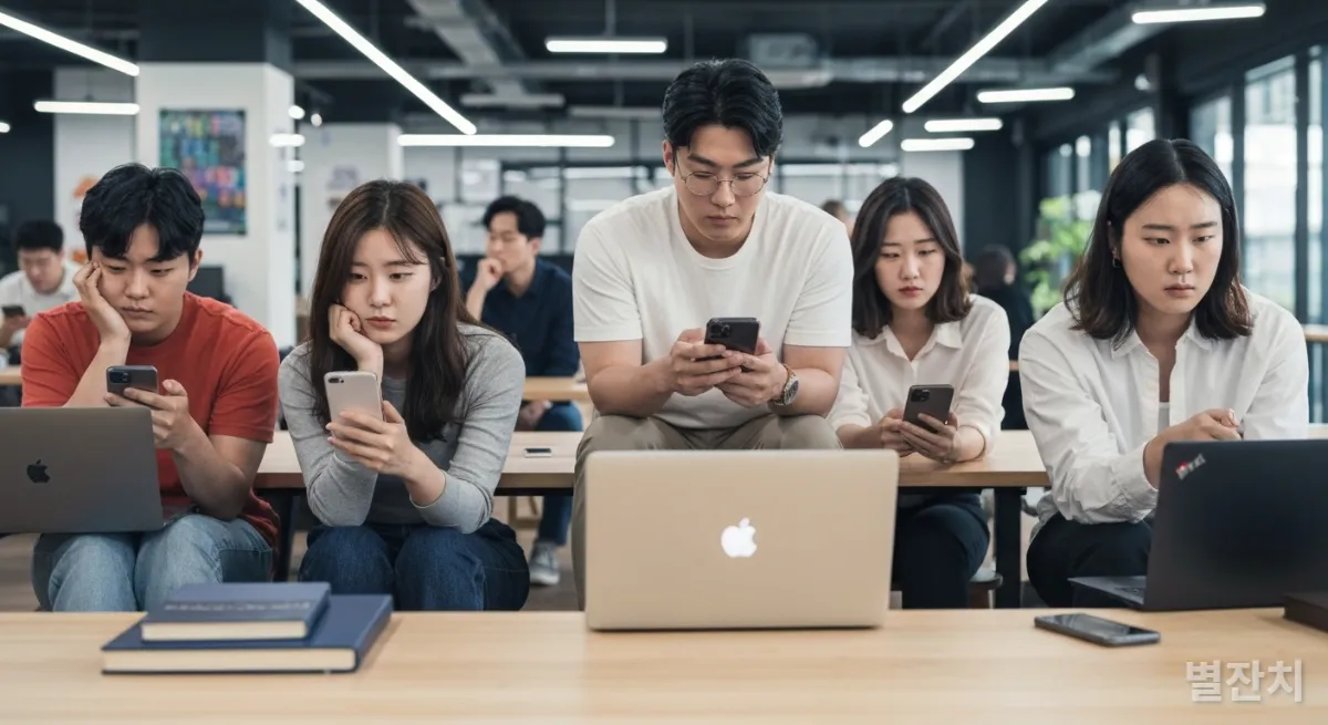 복잡한 코워킹 스페이스에서 불안정한 표정으로 스마트폰과 노트북을 보는 Z세대들