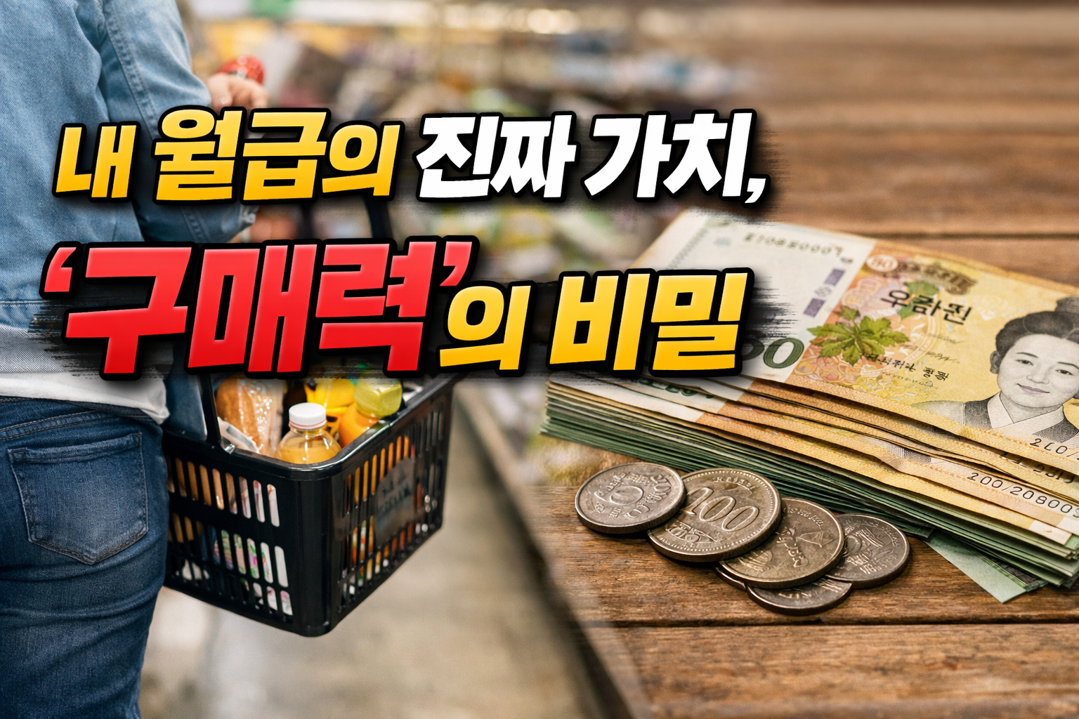 마트에서 장바구니를 든 사람과 원화 지폐·동전이 놓인 테이블이 보이며 “내 월급의 진짜 가치, ‘구매력’의 비밀” 문구가 있는 이미지