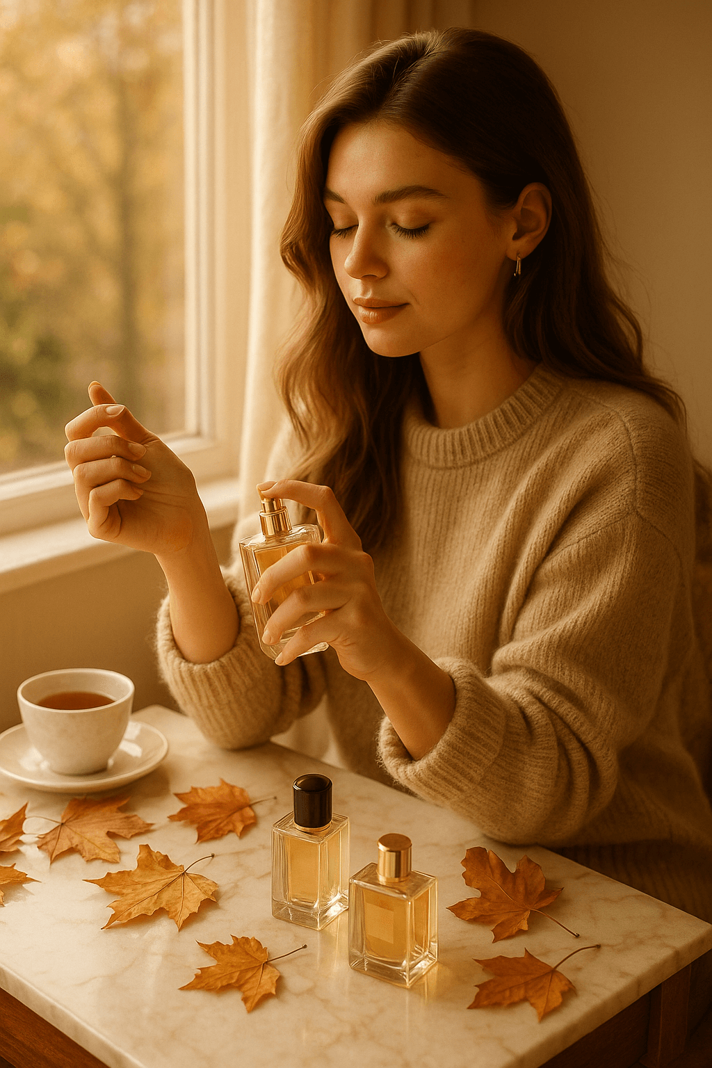 창가의 따뜻한 가을 햇살 아래, 눈을 감고 손목에 향수를 뿌리는 니트 스웨터 여성 모델 모습과 대리석 테이블 위 티컵·단풍잎·투명 보틀 향수들이 어우러진 감성 라이프스타일 뷰티 사진