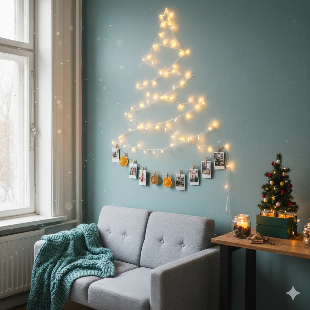따뜻한 조명이 켜진 벽트리와 포토 갈란드로 꾸며진 아늑한 자취방 크리스마스 인테리어
