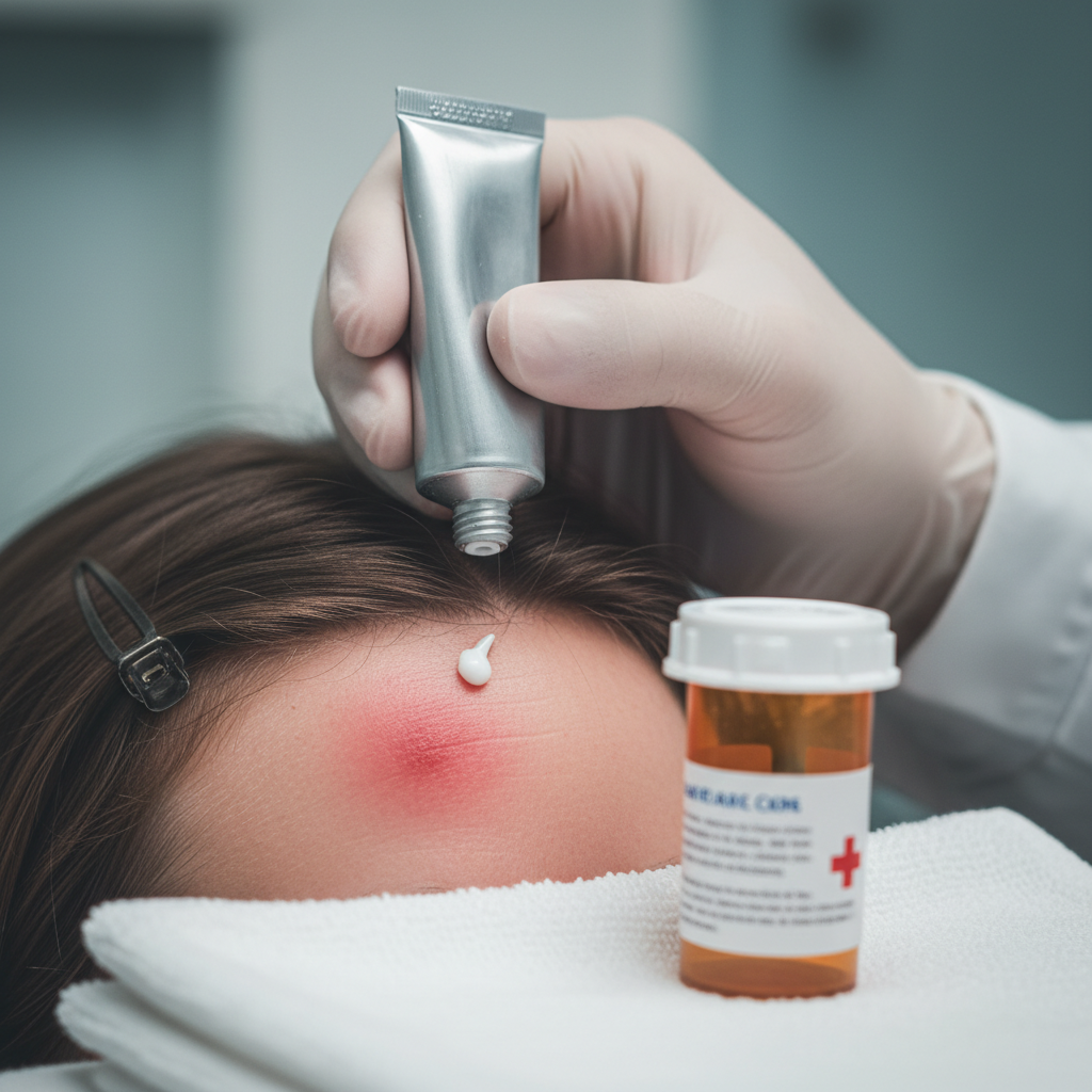 두피 모낭염 부위에 항생제 연고를 바르는 치료 장면