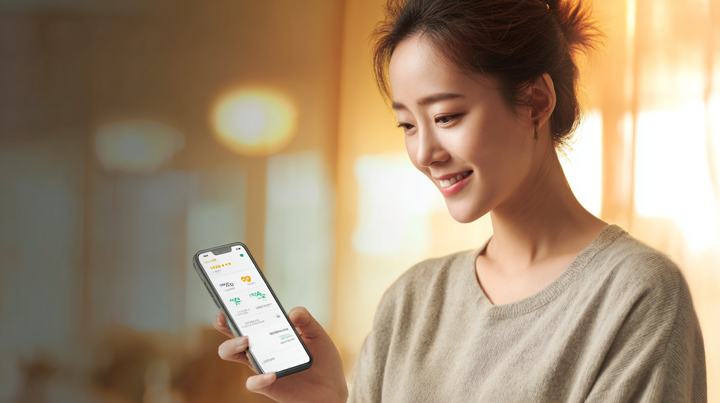 온누리상품권 앱을 사용하며 자동충전, 가맹점 검색, 결제 내역 등을 확인하는 한국 여성