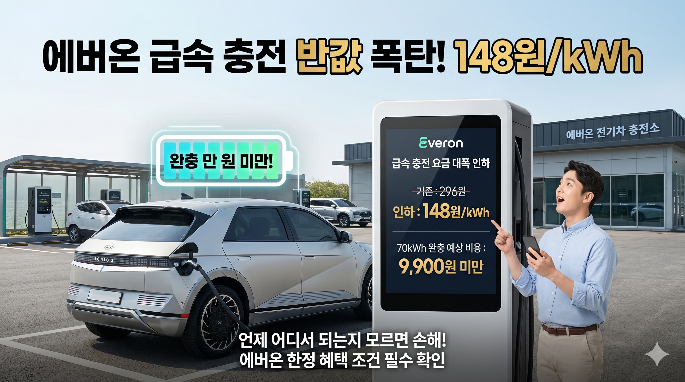 에버온 급속 충전 296원에서 148원으로 인하. 그린 세이브 타임 조건, 완속 요금 5단계 세분화, 실제 적용 시간대와 주의사항까지 정리했습니다.