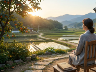 시골 집 앞 나무 의자에 홀로 앉아 평온하게 휴식을 취하는 엄마의 뒷모습과 따스하게 내리쬐는 햇살