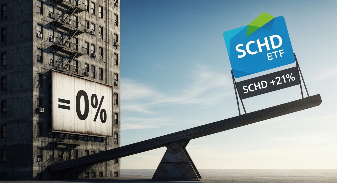 '부동산(무거움)'과 'SCHD(가벼움)'가 그려진 시소에서 SCHD가 압도적으로 올라가 있는(수익률) 이미지