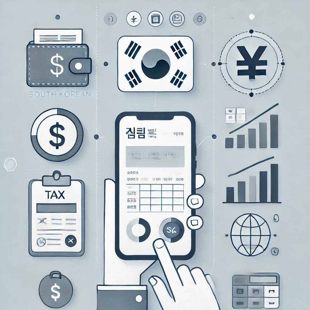 한국 세무 서비스와 금융 정보를 상징하는 디지털 스타일 배경 (사람 없음)