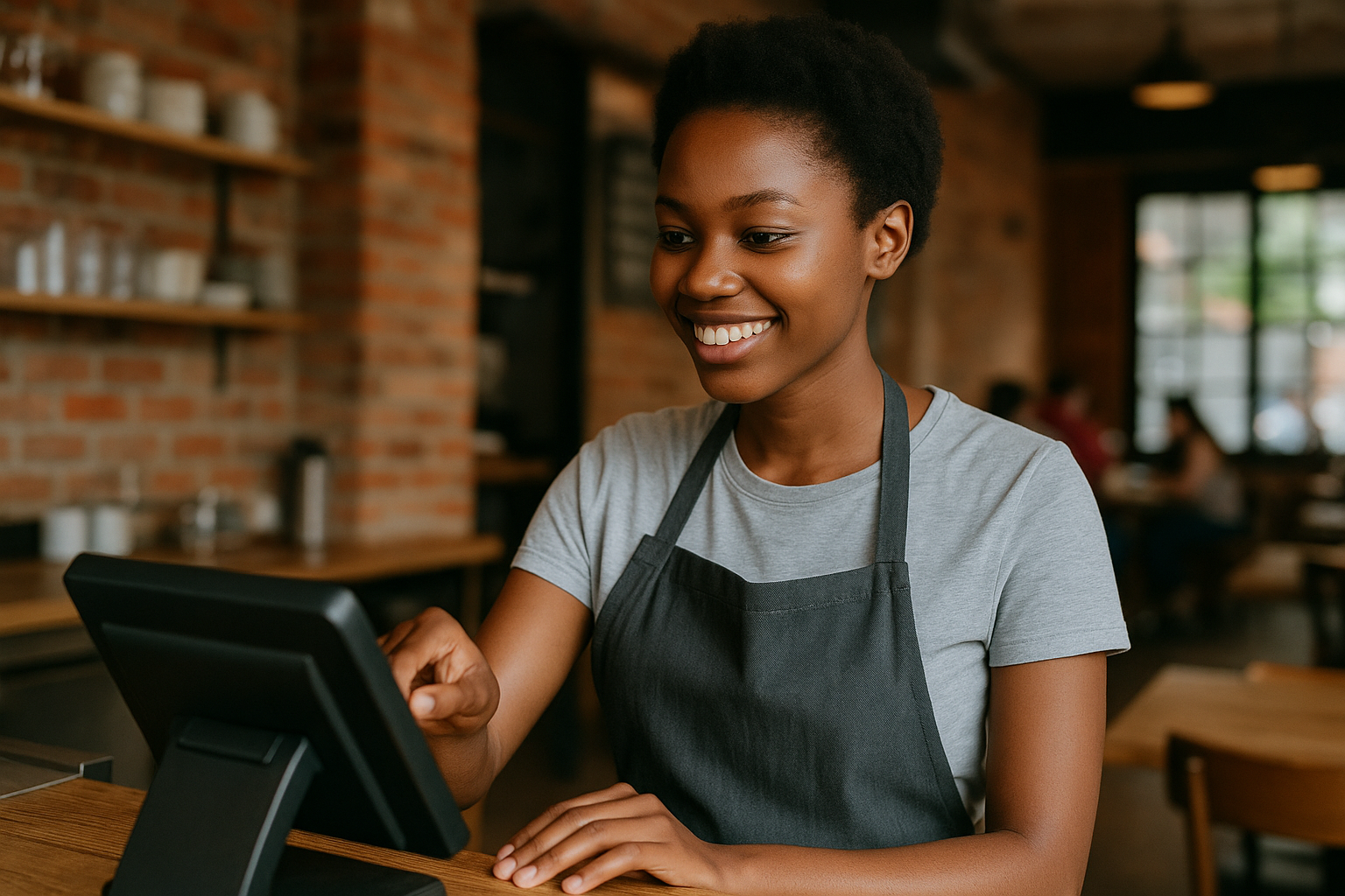 외국인 여성이 한국 식당에서 포스기를 사용하는 모습. 회색 티셔츠와 앞치마를 착용하고 미소를 지으며 계산 업무를 하고 있다.