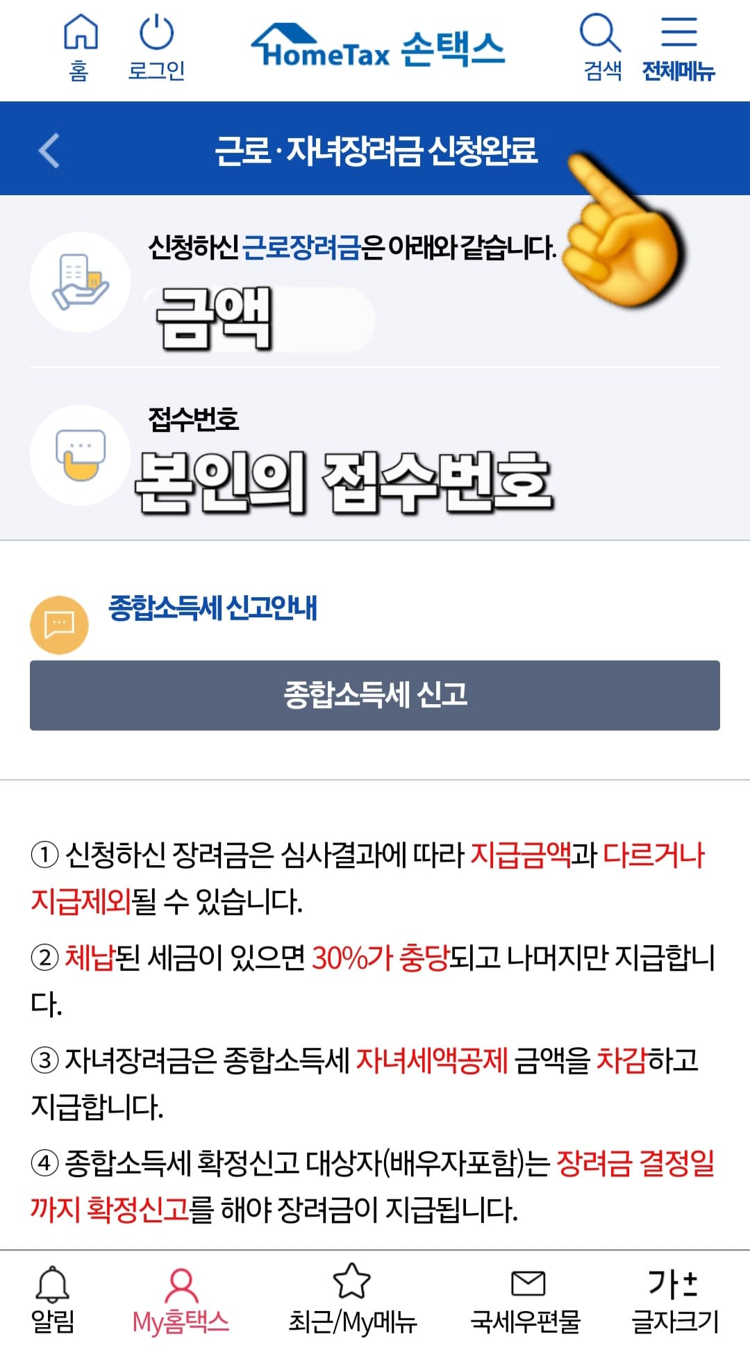 손택스-근로장려금-신청방법-안내-근로장려금-신청-완료-페이지에서는-접수번호와-신청-금액이-표시돼서-바로바로-확인이-가능한데요.
