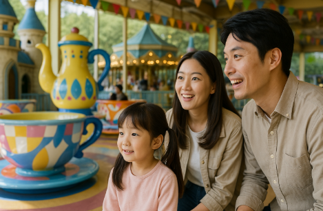 부모와 딸이 함께 놀이공원에서 즐거운 시간을 보내는 모습