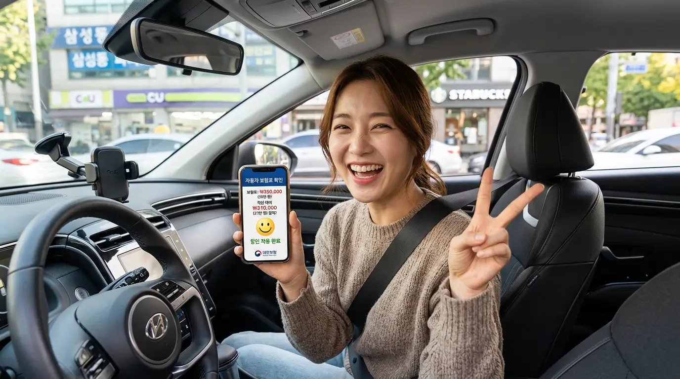 자동차 안에서 스마트폰으로 자동차 보험료를 크게 아끼고 환하게 웃으며 V자를 그리는 운전자의 모습