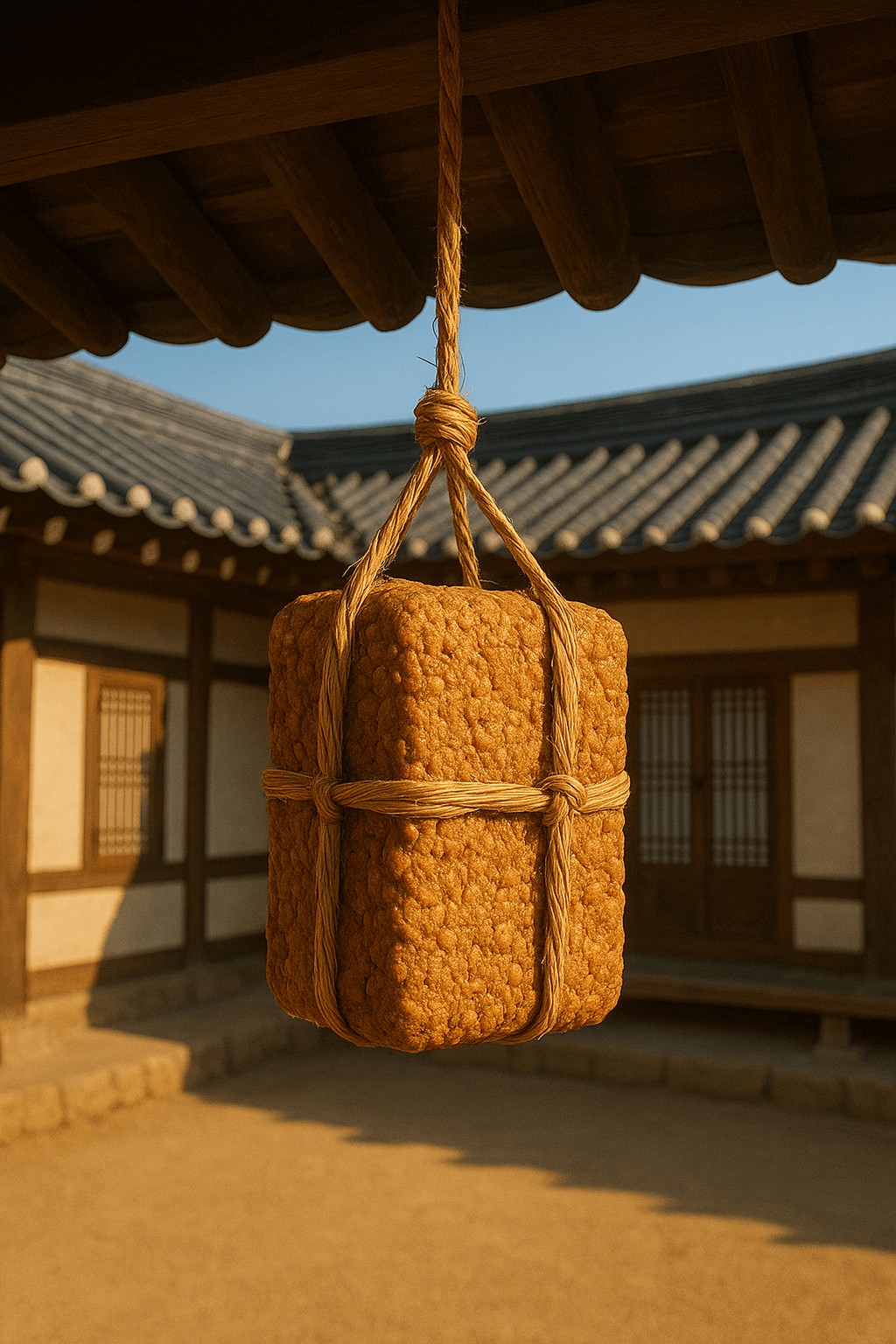 햇살 가득한 전통 한옥 마당 배경에 볏짚으로 묶은 메주가 매달려 있는 모습