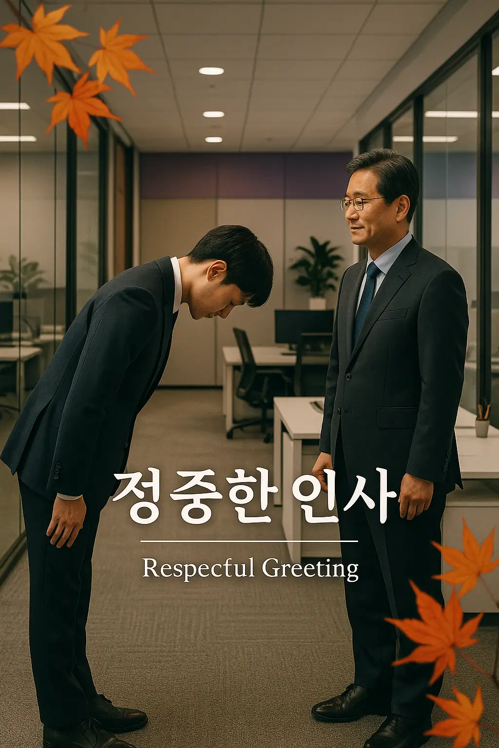 직장에서 상사에게 정중하게 90도 인사하는 한국 직장인 - 추석 인사 예의와 매너