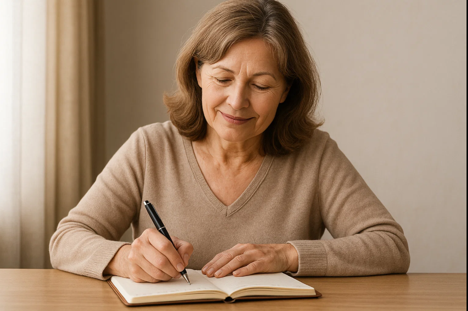 다이어리쓰는 중년 여성사진