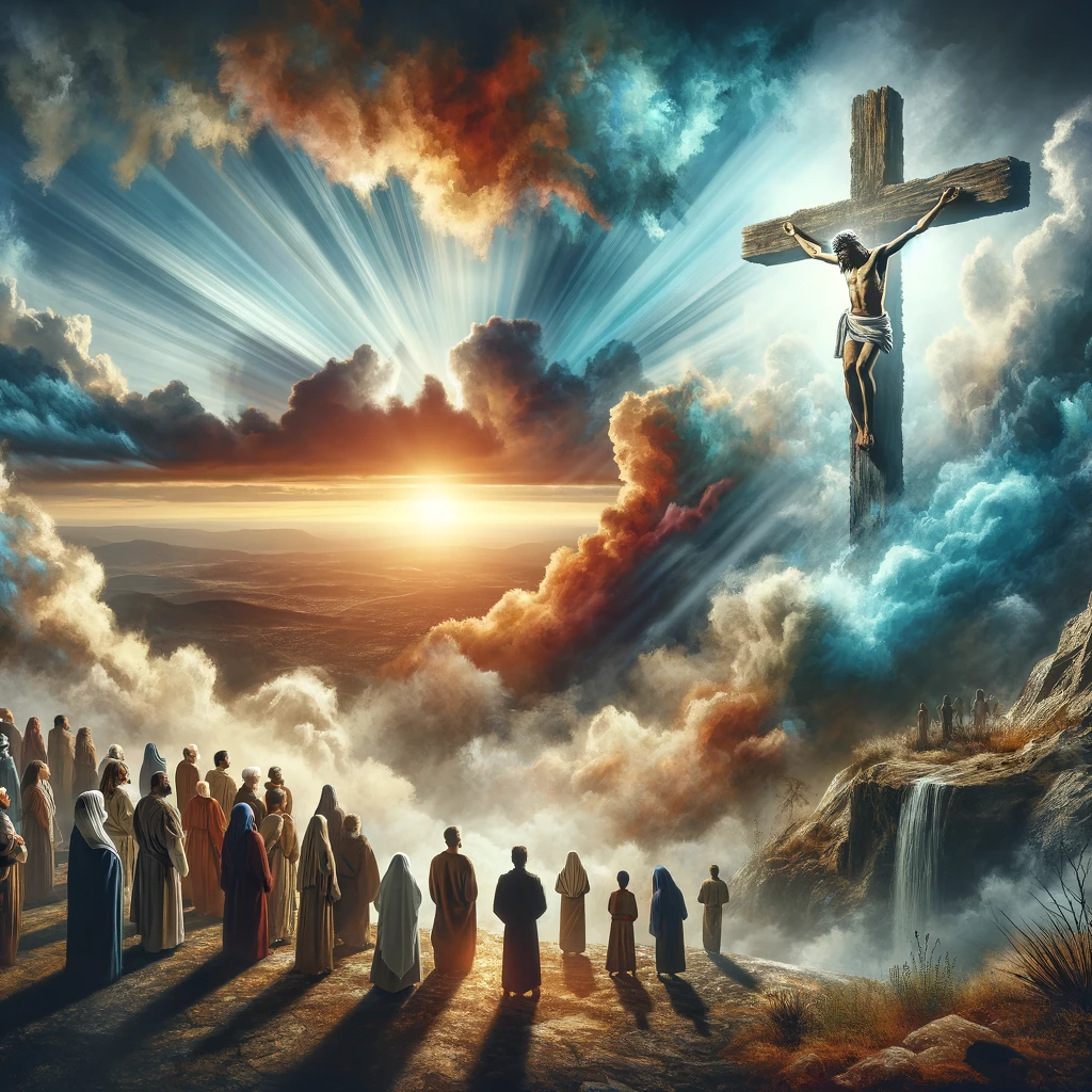 Here is the image depicting the concept of freedom from sin and the gift of eternal life through faith in the sacrifice of Jesus Christ on the cross.