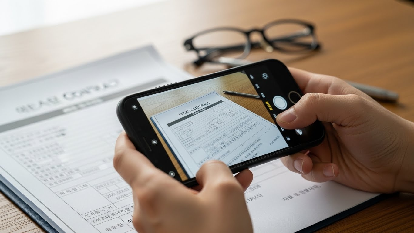 연말정산 증빙 서류로 제출하기 위해 임대차 계약서를 스마트폰으로 촬영하는 세입자