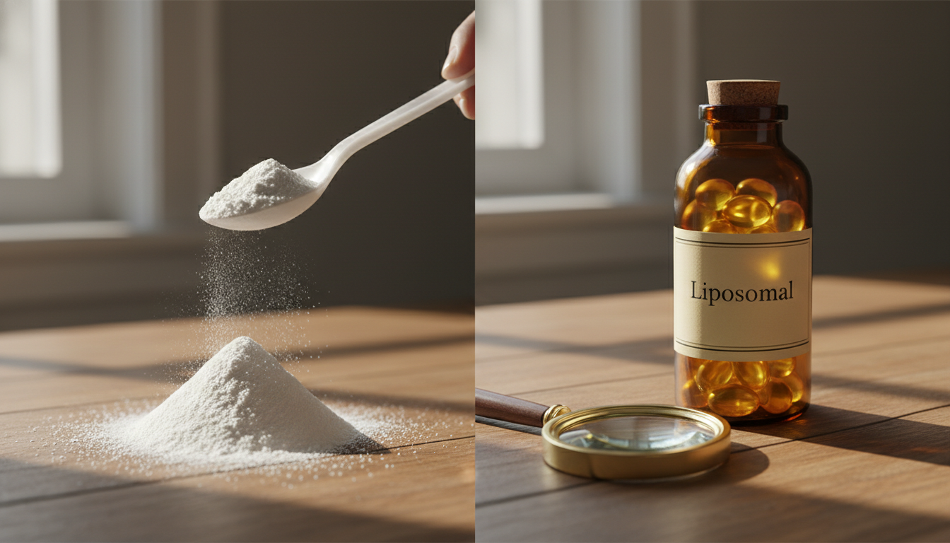나무 테이블 위의 비교 샷. 왼쪽에는 일반 플라스틱 숟가락에서 흘러나온 흰색 가루더미가 있다. 오른쪽에는 'Liposomal'이라고 적힌 고급스러운 연질 캡슐 병이 은은하게 빛나고 있다. 옆에는 돋보기가 놓여 연질 캡슐에 초점을 맞추고 있다. 창문으로 햇빛이 들어와 자연스러운 그림자를 만든다. 사실적인 사진, 고해상도.