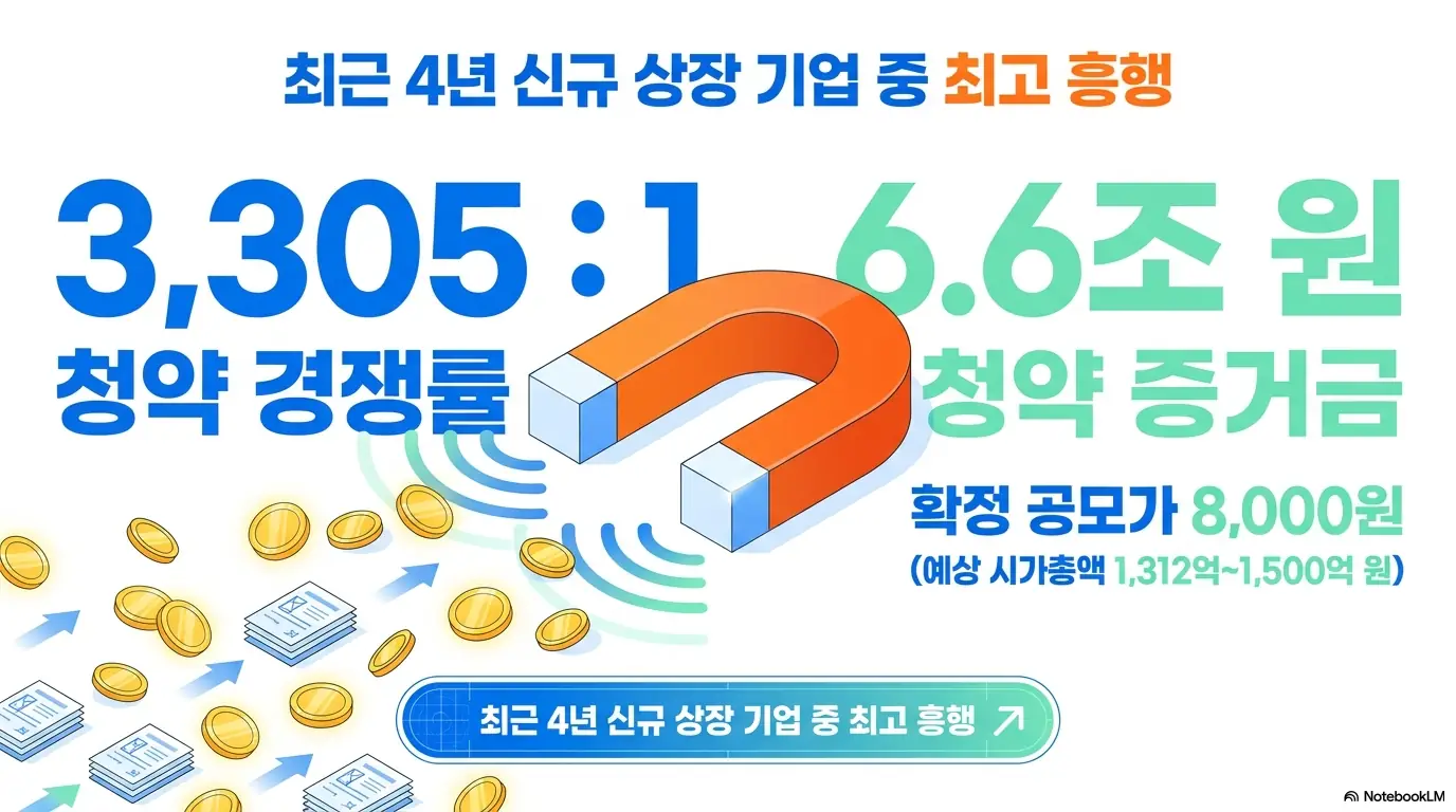 매드업 상장: 매드업 공모주 청약 흥행을 정리한 인포그래픽. 일반청약 경쟁률 3&amp;#44;305대 1&amp;#44; 청약 증거금 6.6조 원&amp;#44; 확정 공모가 8&amp;#44;000원과 예상 시가총액 1&amp;#44;312억~1&amp;#44;500억 원을 자석 그래픽으로 표현하며&amp;#44; 최근 4년 신규 상장 기업 중 최고 흥행을 기록한 매드업 청약 결과를 시각적으로 설명함 
