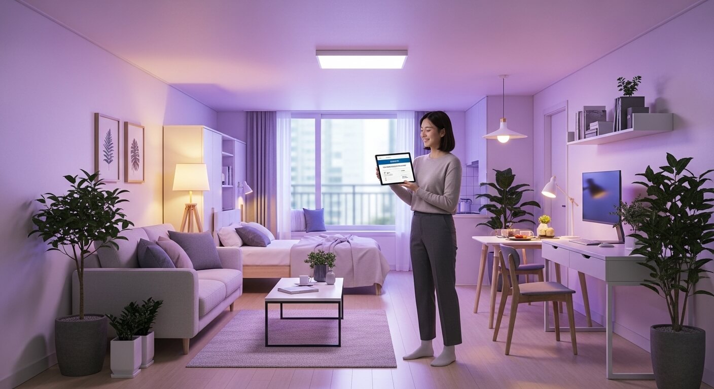 햇빛가득한 방에 여학생이 모니터를 들고 밝은 표정을 하고있다