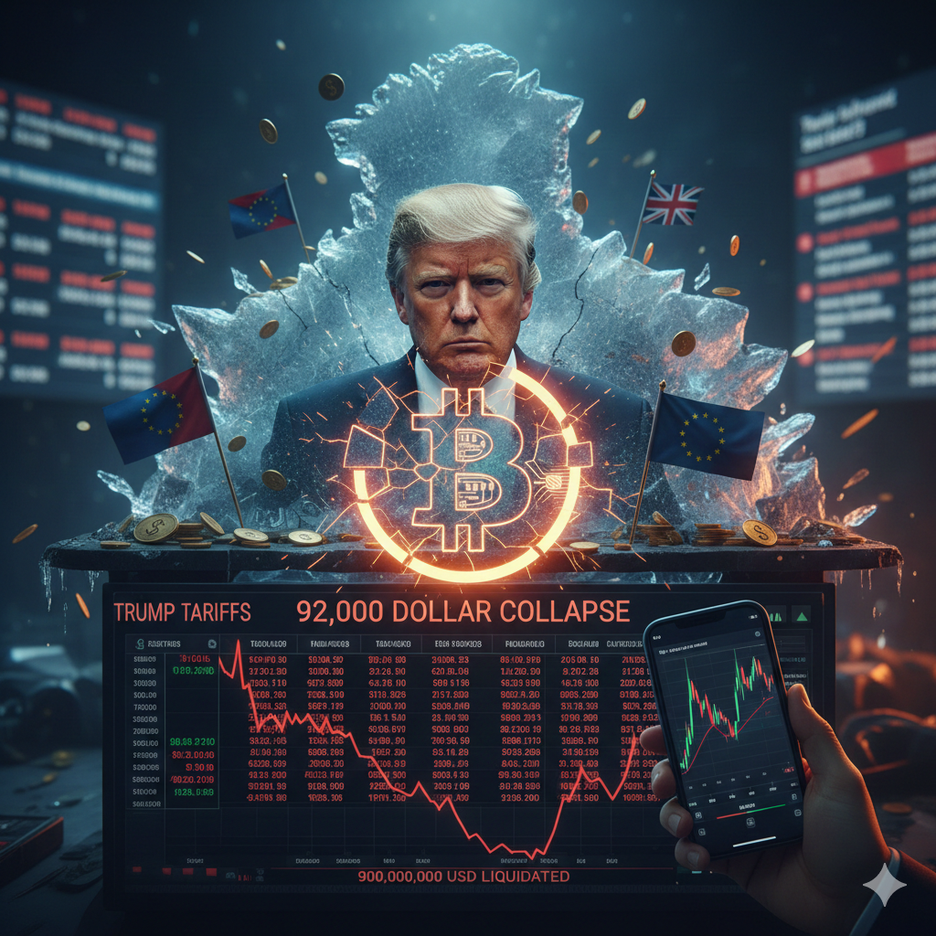 도널드 트럼프 전 대통령의 엄중한 얼굴 뒤로 거대한 빙산이 산산조각 나며 솟구치는 가운데, 전면에는 균열이 간 채 밝게 빛나는 비트코인 로고가 공중에 떠 있어 지정학적 갈등이 가상자산 시장에 가한 파괴적 충격을 시각화하고 있습니다. 배경의 유럽 연합기와 영국 국기는 국제적 긴장감을 더하며, 하단 모니터에는 &lsquo;TRUMP TARIFFS&rsquo;와 &lsquo;92,000 DOLLAR COLLAPSE&rsquo;라는 문구와 함께 급격히 하락하는 붉은색 그래프가 표시되어 시장의 긴박한 공포와 대규모 청산 사태를 구체적으로 나타냅니다. 스마트폰을 든 손이 하락하는 차트를 비추는 구도는 실시간으로 전개되는 경제적 위기를 생생하게 묘사하며, 차가운 빙산과 뜨거운 비트코인 파편의 대비를 통해 정책적 돌발 변수가 가져온 냉혹한 시장 현실을 강조합니다.