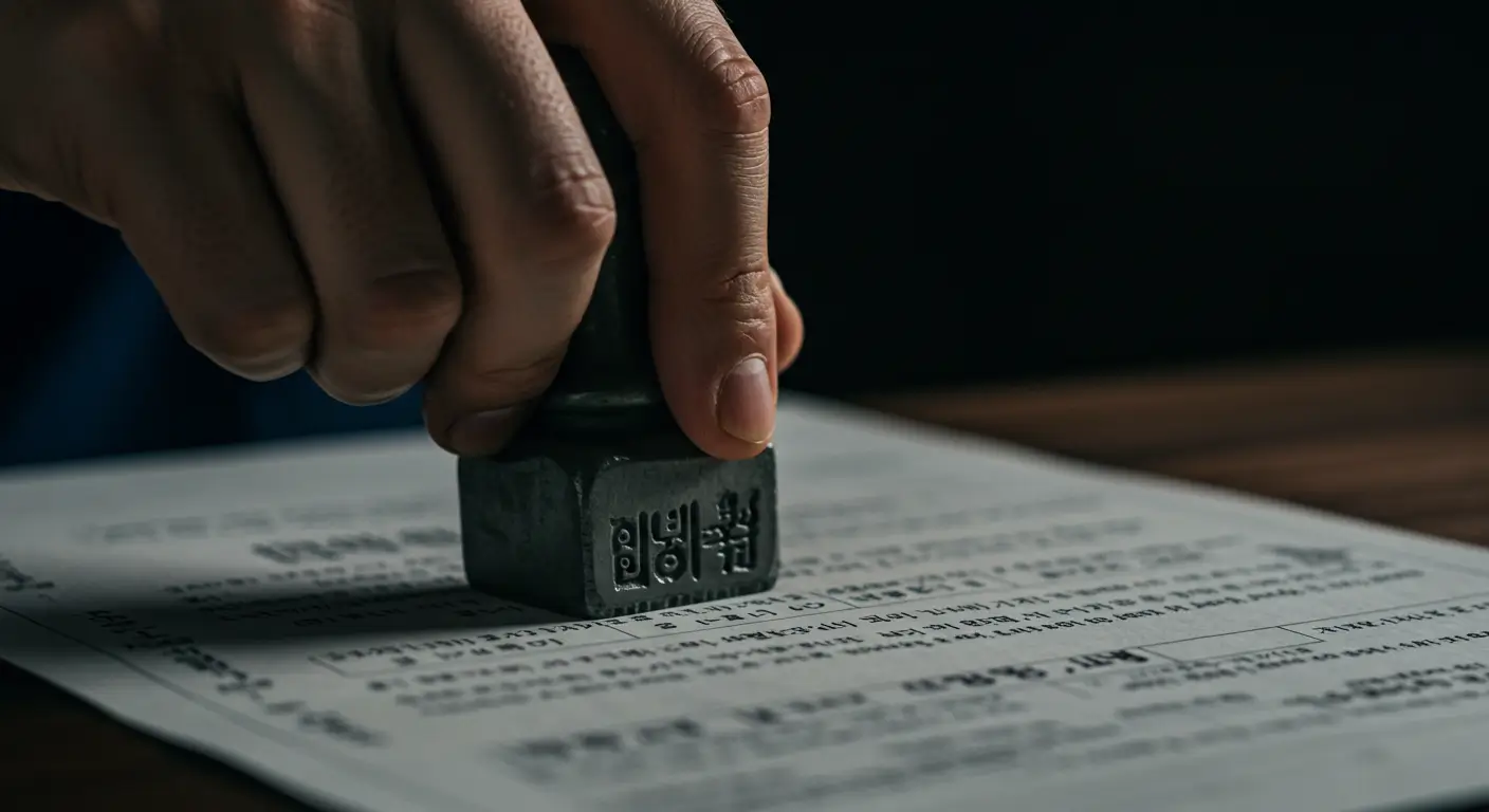 자신의 상속 지분에 대한 권리를 행사하기 위해 서류에 도장을 찍는 모습