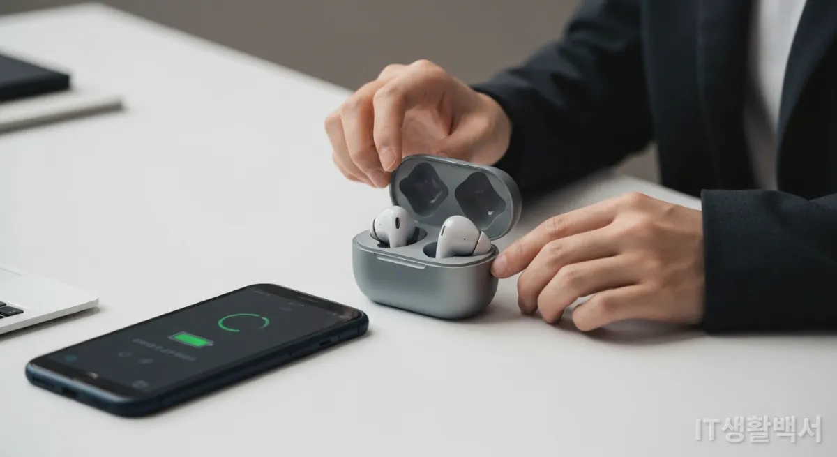 충전 케이스에 담긴 무선 이어폰과 배터리가 부족한 스마트폰이 놓인 책상