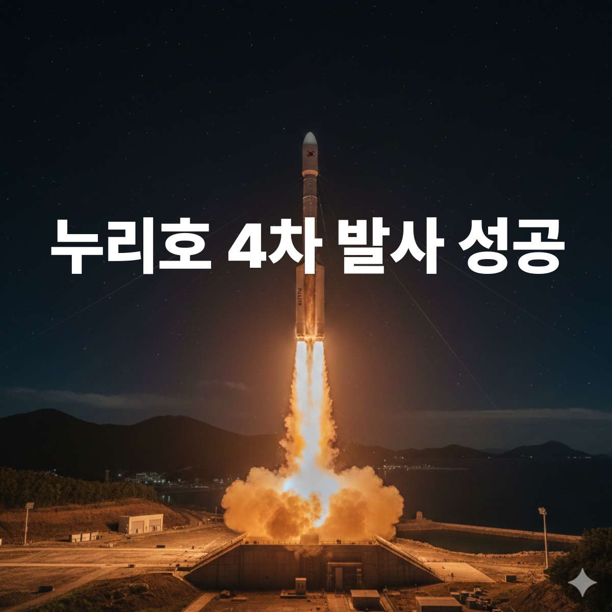 “누리호 4차 발사가 나로우주센터에서 밤하늘을 뚫고 이륙하는 장면, 발사체에서 분출되는 화염과 연기가 붉은빛으로 퍼지는 우주 발사 이미지”