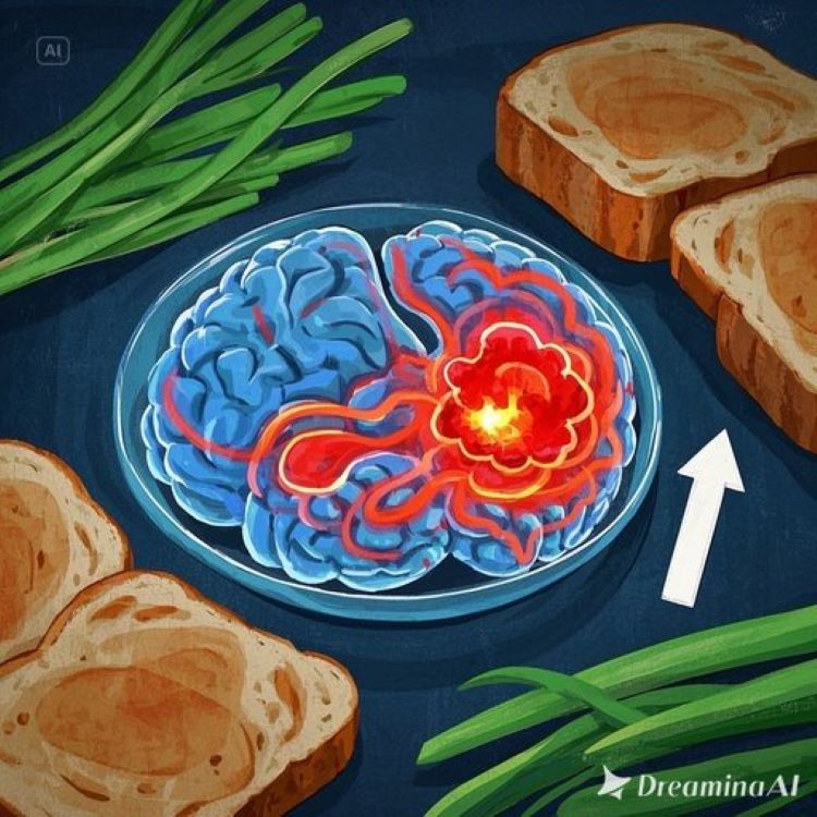 뇌의 단면도가 반투명하게 보이는 모습에서 염증 부위는 붉은색으로, 건강한 부위는 파란색으로 표현되어 있다. 주변에는 글루텐이 포함된 빵과 건강한 녹색 채소들이 대비를 이루며 배치되어 있고, 염증과 회복을 상징하는 화살표들이 역동적으로 표현된 의학적이면서도 시각적으로 임팩트 있는 이미지