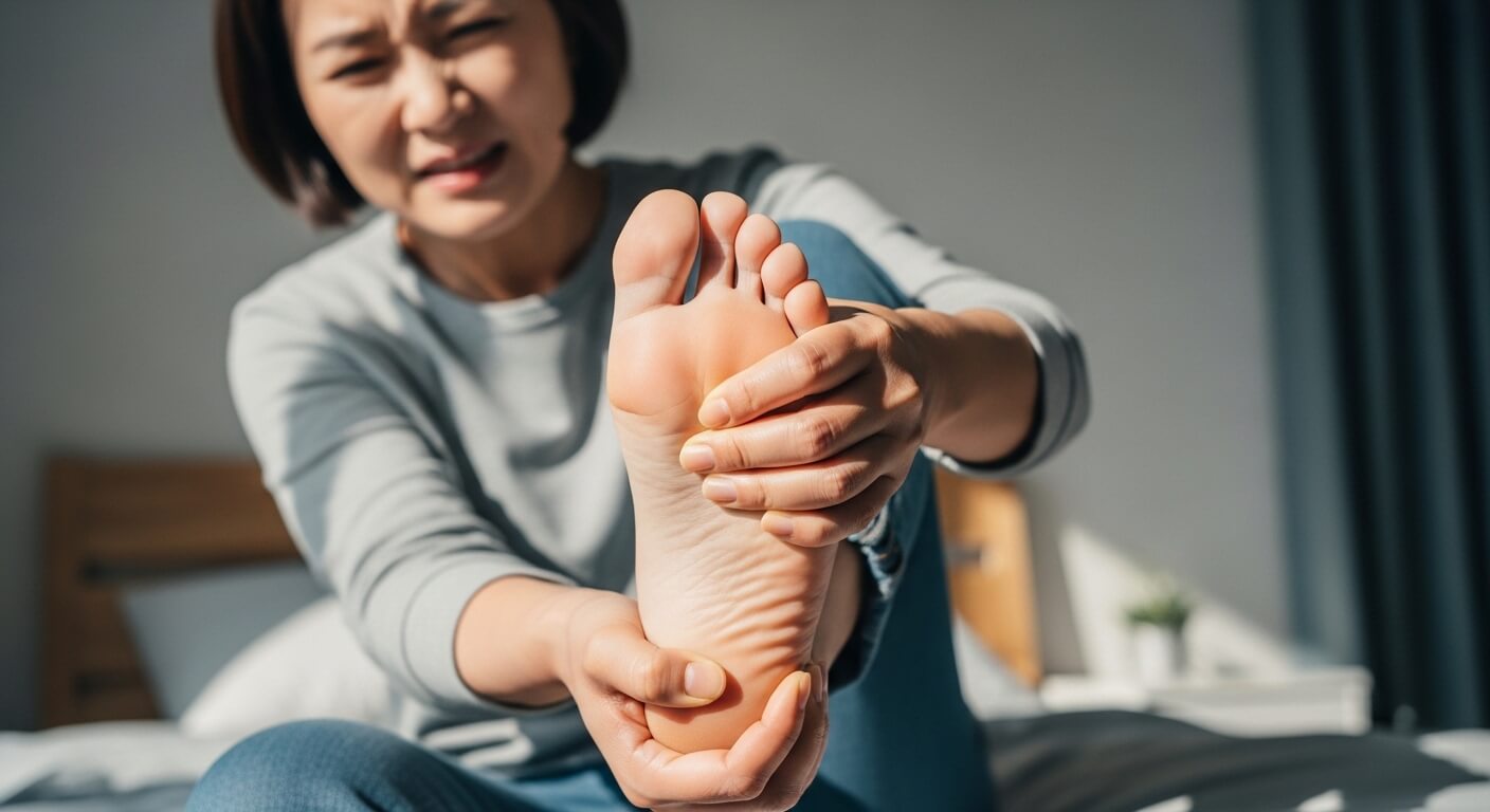 아침에 발뒤꿈치 통증을 느끼는 족저근막염 증상 장면