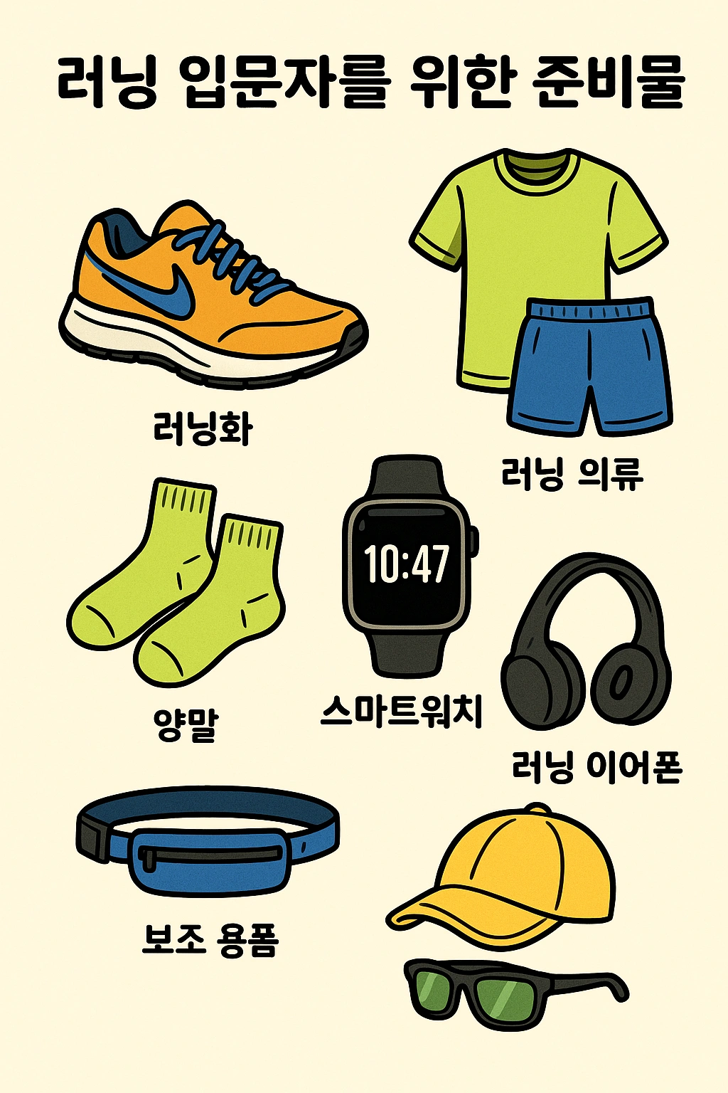 러닝 입문자들을 위한 필수 준비물 설명, 러닝화, 반바지 등