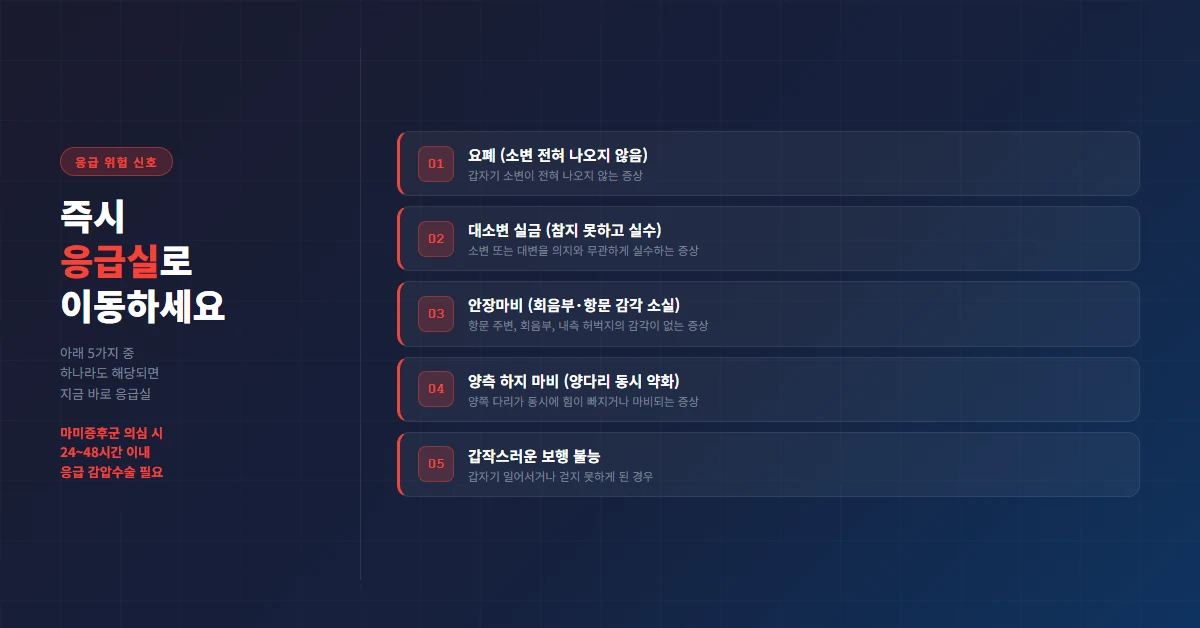 허리디스크 마미증후군 응급 위험 신호 5가지 &mdash; 즉시 응급실 방문 기준