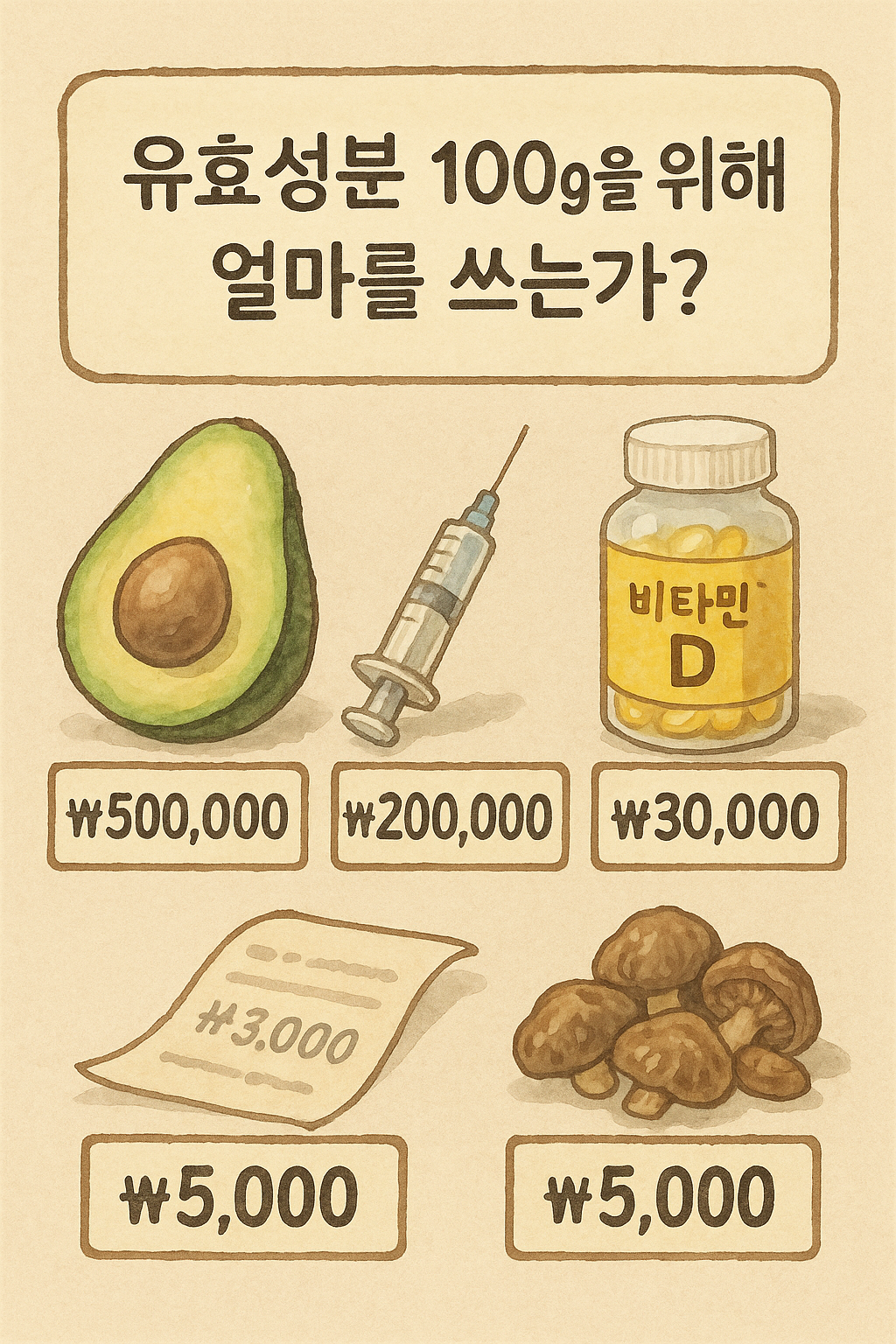 아보카도, 주사기, 영양제 가격표와 비교되는 말린 표고버섯 한 줌