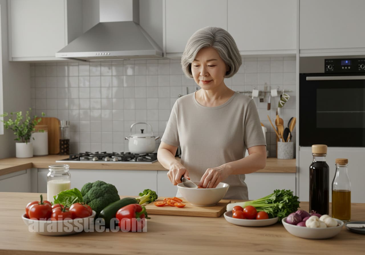 50대 한국 여성이 현대적인 주방에서 자궁근종 예방을 위한 식사를 준비하는 모습. 신선한 채소를 다듬고 있으며, 깔끔한 주방 배경이 돋보입니다.