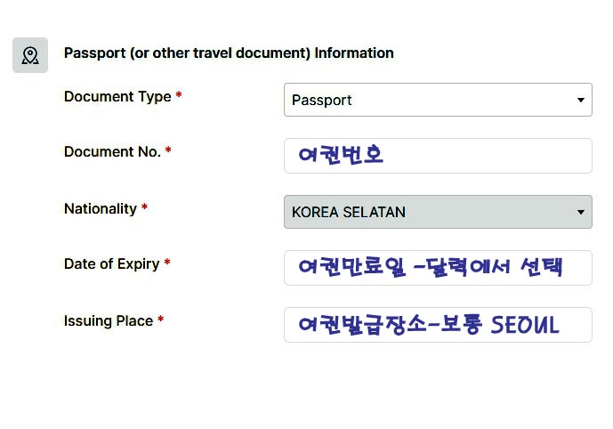인도네시아 온라인 비자 신청 – 여권 세부 정보 입력 단계 화면 (Step 4)