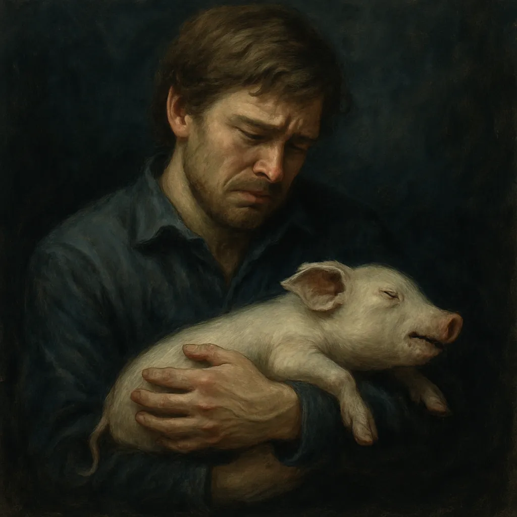 죽은 새끼돼지를 안고 슬퍼하는 남성의 모습